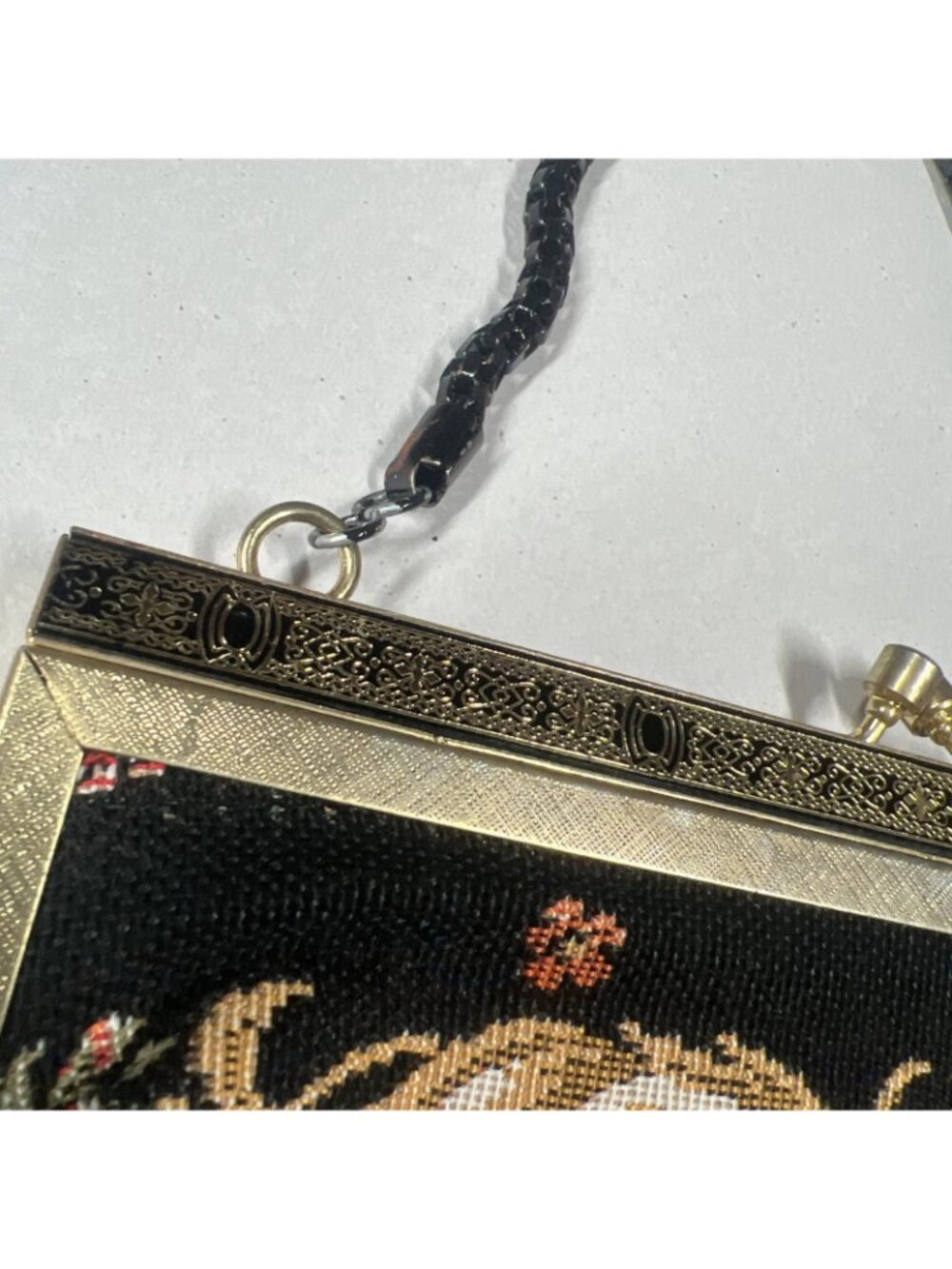 Vintage Floral Needlepoint Tapestry Evening Bag Black Chain Purse AS IS - Picture 6 of 13